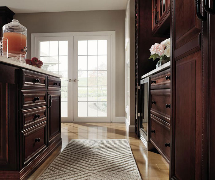Dark Cherry Kitchen with Glass Cabinet Doors - Decora