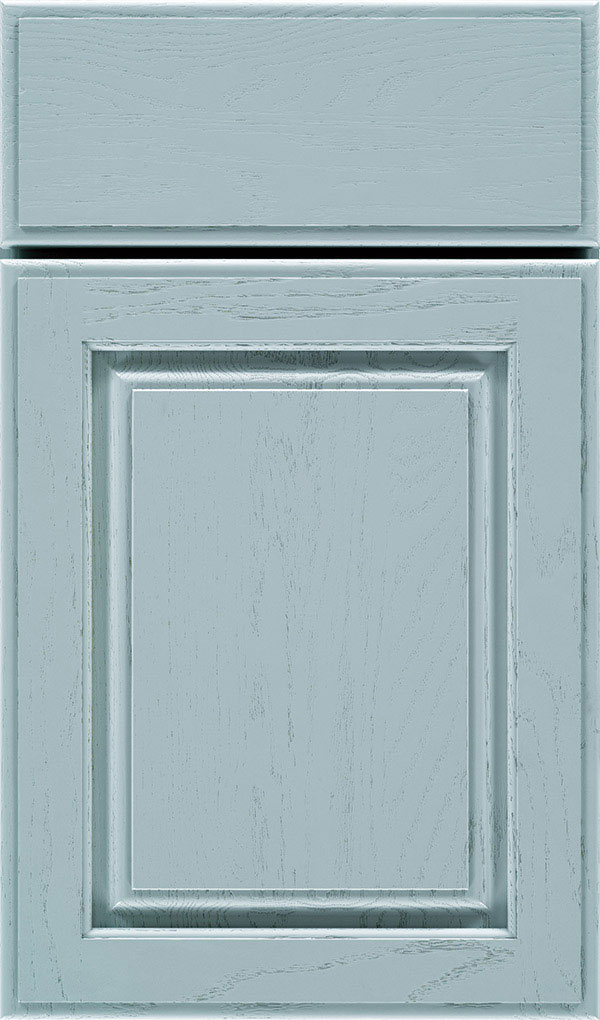 Plaza Oak raised panel cabinet door in Interesting Aqua