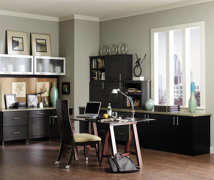 Dark grey office cabinets by Decora Cabinetry