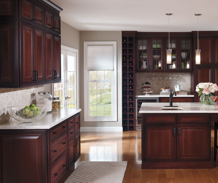 Dark Cherry Kitchen With Glass Cabinet Doors Decora