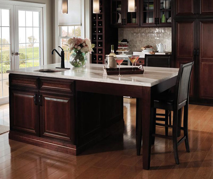 Dark Cherry Kitchen With Glass Cabinet Doors Decora