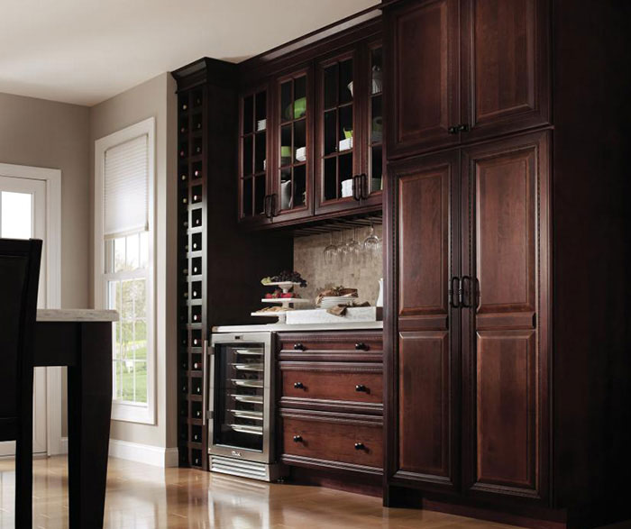 Dark Cherry Kitchen with Glass Cabinet Doors  Decora