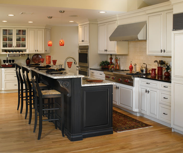 Off White Cabinets with Black Kitchen Island