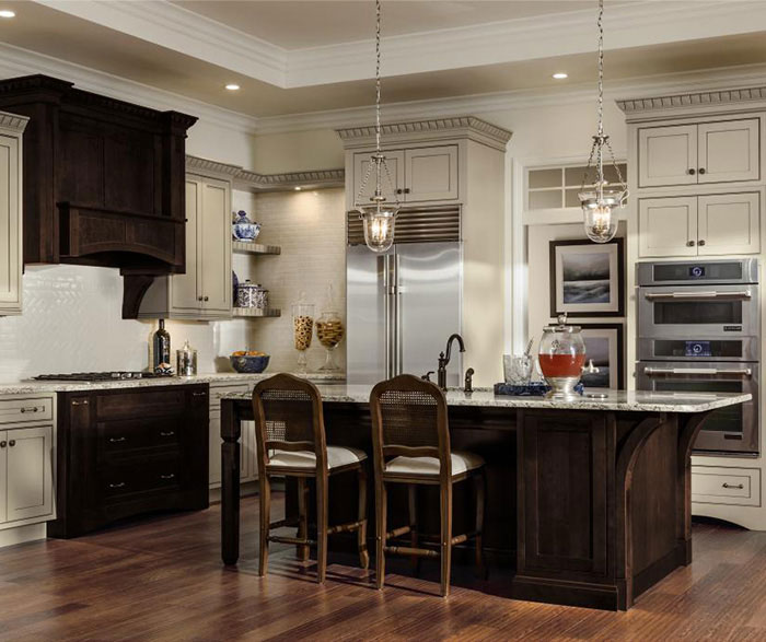 Painted Maple cabinets with a Cherry kitchen island by Decora Cabinetry