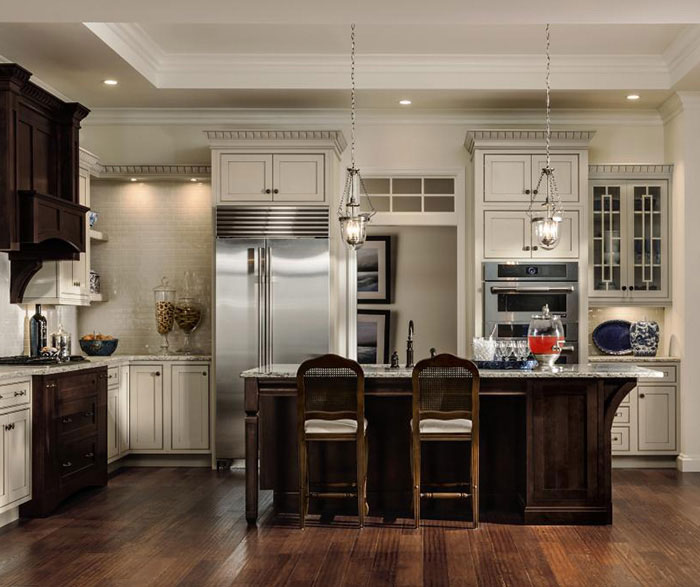 Painted Maple cabinets with a Cherry kitchen island by Decora Cabinetry