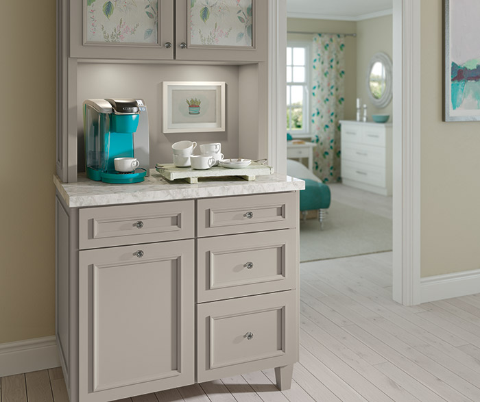 Haskins coffee bar cabinets in Maple Creekstone paint color