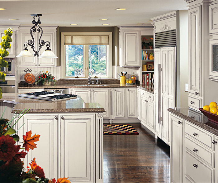 Lovely white kitchen cabinets with gray glaze Off White Glazed Cabinets In Traditional Kitchen Decora