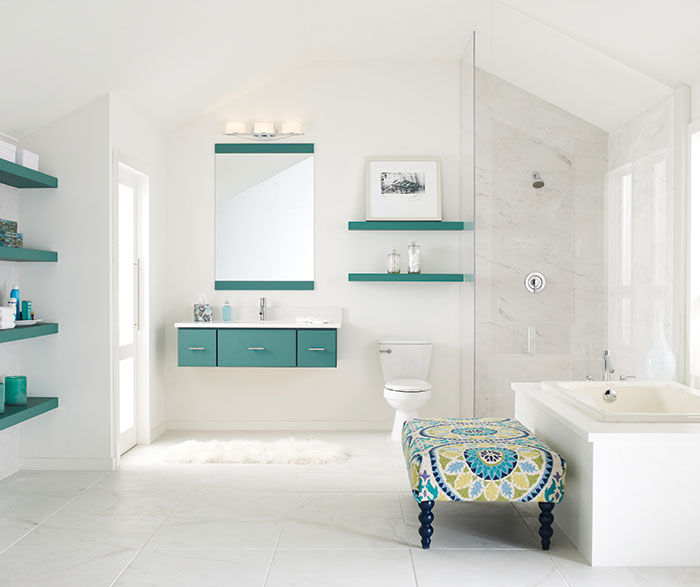 Contemporary bathroom with blue cabinets by Decora Cabinetry