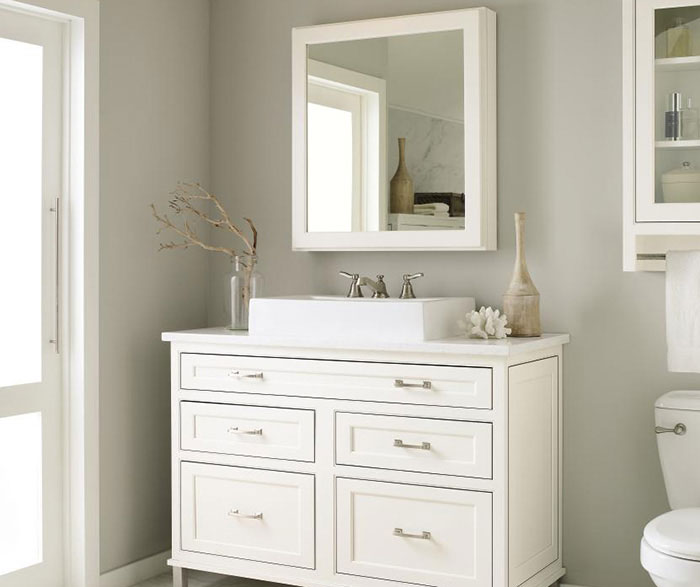 white bathroom floor cabinet with drawers