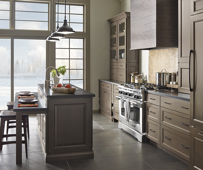 gray kitchen cabinets with island - decora cabinetry