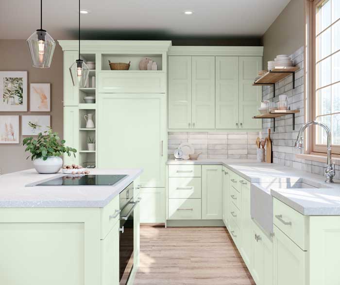Fleeting Green Kitchen Cabinets and Matching Island