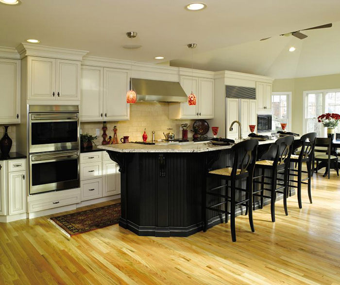 Off White Cabinets with Black Kitchen Island Decora