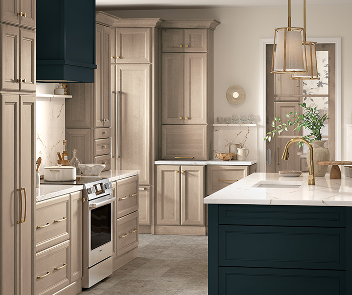 Dark Green and Light Stain Cabinets