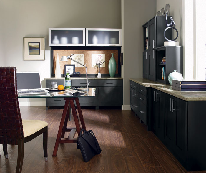 Dark grey office cabinets by Decora Cabinetry