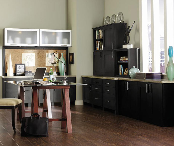 Dark grey office cabinets by Decora Cabinetry