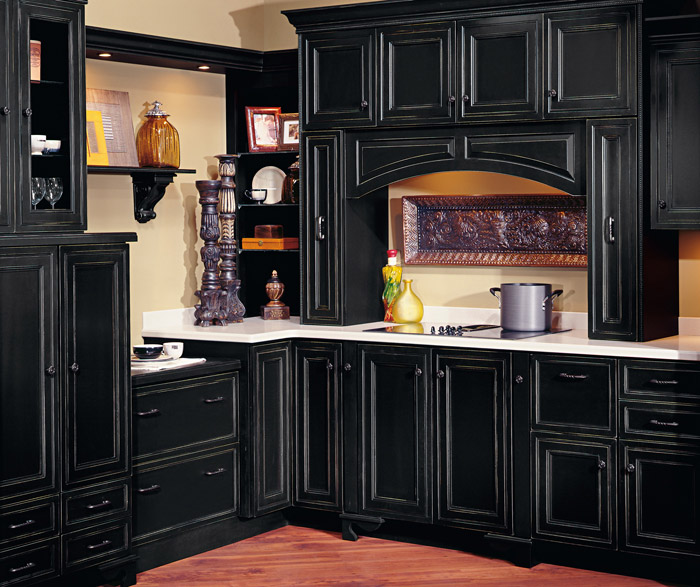 Braydon Manor black kitchen cabinets with Vintage finishing technique