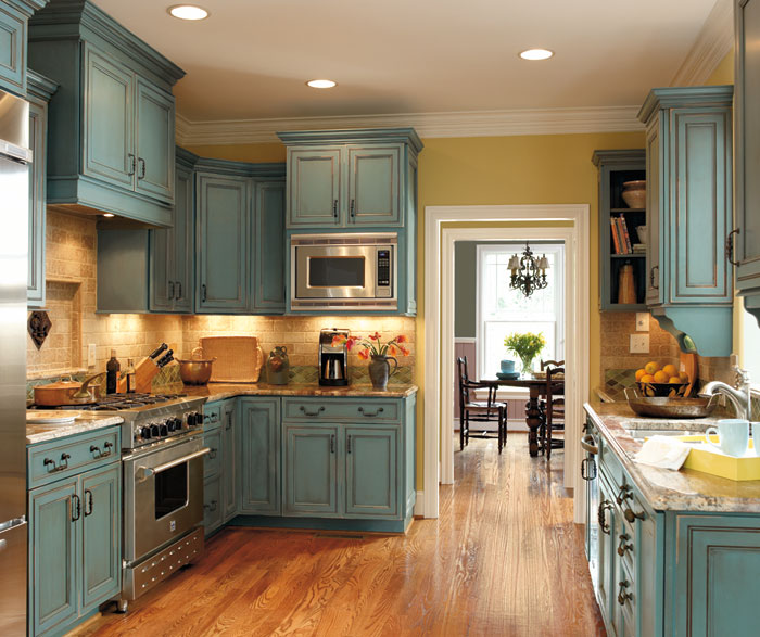 Turquoise kitchen cabinets by Decora Cabinetry