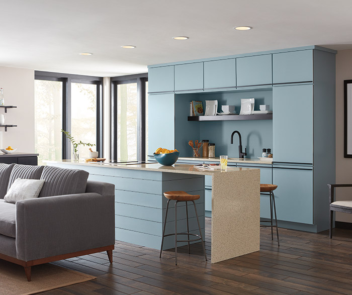 Contemporary Aqua kitchen cabinets in the Marquis door style