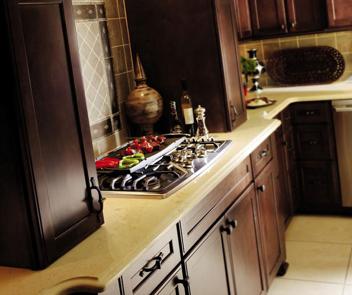 Dark Maple kitchen cabinets by Decora Cabinetry