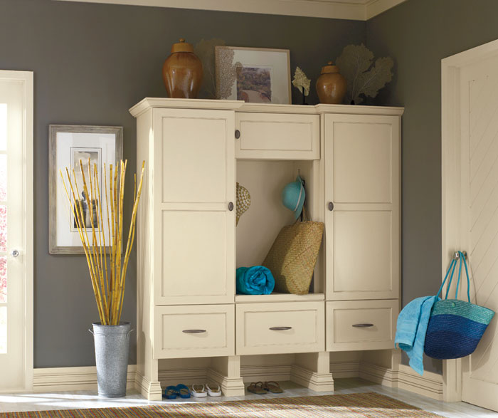 Off white storage cabinet by Decora Cabinetry