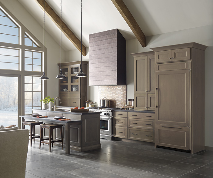 Gray kitchen cabinets with island by Decora Cabinetry