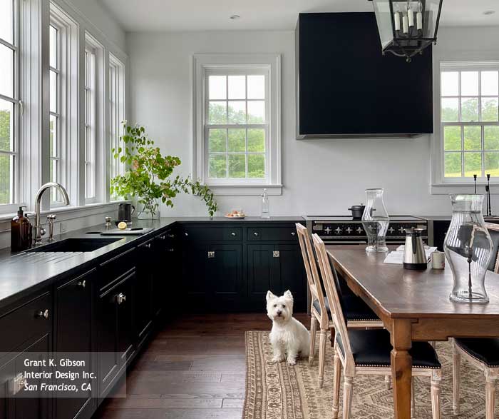 decora black inset kitchen cabinets with small white dog sitting on floor