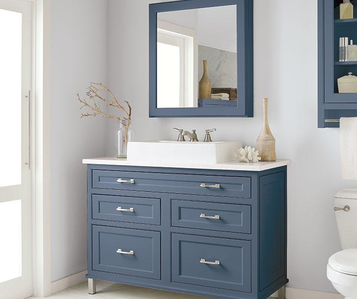 painted blue maple inset bathroom cabinets