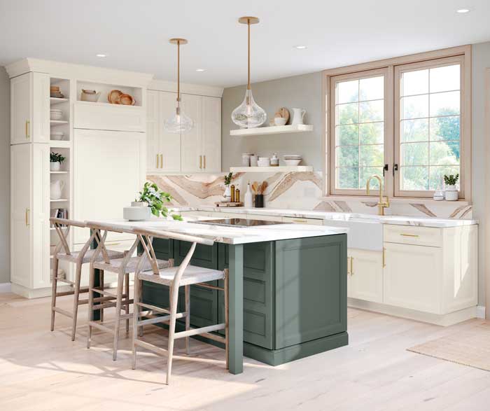 white kitchen with green island cabinetry